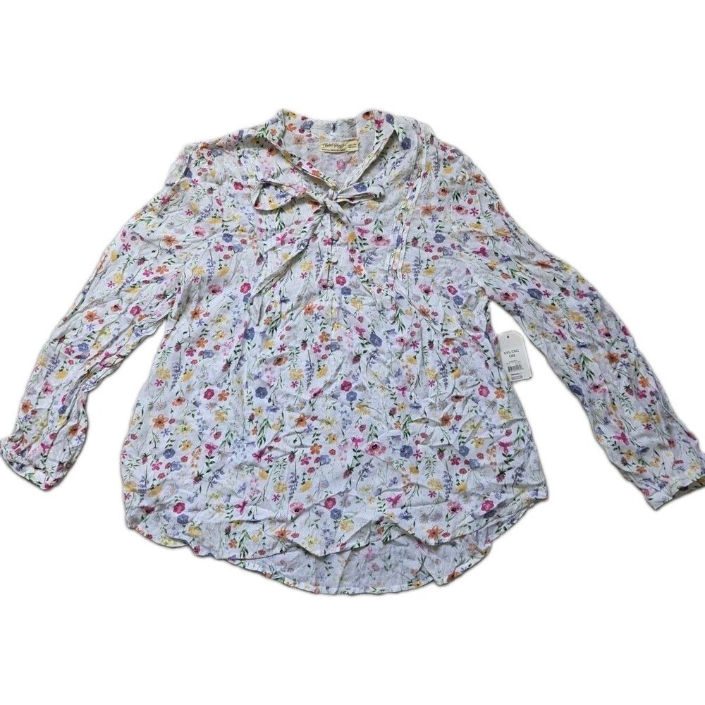 NWT Faded Glory Floral Tie Neck Blouse XXL 20 White Long Sleeve Boho Peasant